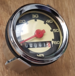 Tachometer mit zweifarbigem Zifferblatt,  typ. Einbautachometer für 50-70er Jahre Mopeds mit Standard ca. 48 mm Durchmesser. 