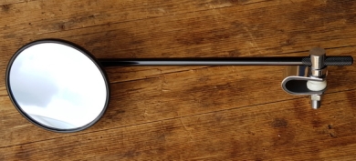 Spiegel Moped-Motorrad, schwarz,  Anbau links,  Glas 100 mm, Stange 275 mm, Durchmesser 9 mm, incl. Chromschelle mit Gummieinlage. 