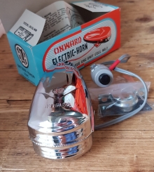 ONWARD elektrische Hupe, das Kult-Horn der 70er für Fahrräder und Mopeds !, incl. Schelle für Lenkerklemmung, rare orig. alte Neuware ! 