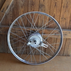 Hinterrad für Mofa, 23 x 2,00, verchromt, Speichen zu lang, Trommelbremsnabe Union T147, 50er Jahre, restauriert 