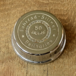 Fahrrad/Moped Klingel Deckel "FAHRRAD SILNER HÄNDLERGLOCKE", orig. 60er Jahre, verchromt, ohne Unterteil, siehe Bilder 