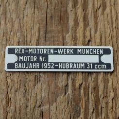 Typenschild für REX 31  ccm Fahrradmotor, originalgetreue Nachfertigung, blanco 