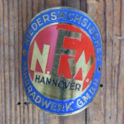 Steuerkopfschild N.F.W. HANNOVER - NIEDERSÄCHSISCHES FAHRRADWERK G.M.B.H., 50er Jahre, Originalschild aus Sammlungsbestand 