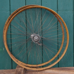 Laufradsatz 26 Zoll (559), für Ballonrad, 1933, Holzdekor, F&S Torpedo -Nabe verchromt, gebr. 