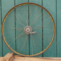 Hinterrad 26 Zoll (559) Westwood-Felge für Ballonrad, Bj. 1934, Holzdekor,  F&S Torpedo-Nabe, gebr. 