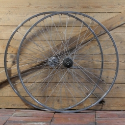 Laufradsatz 26 Zoll (559) RIGIDA Chrom für Drahtbereifung, original 50er/60er J., Hinterrad mit Torpedo 3Gang-Nabe, gebr. 