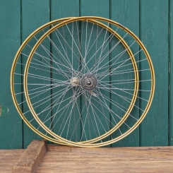 Laufradsatz 28 Zoll (622mm) für Drahtbereifung, orig. 1939, Holzdekor, F&S Komet-Nabe vernickelt, gebr. 