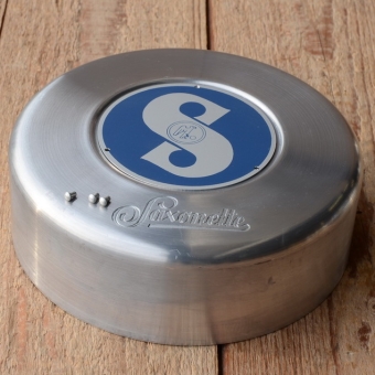 Polradabdeckhaube "SAXONETTE",  passend für den 30er Jahre Nabenmotor, Aluminium, 140mm, incl. Sachs Emblem blau 