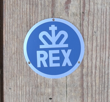 REX - Emblem, blau, D: 50 mm, incl. Alunieten zur Befestigung auf der Polradkappe 