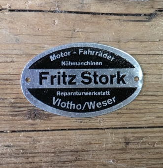Händler Schutzblech Schild "Fritz Stork Motor-Fahrräder, Vlotho/Weser", 30 x 50 mm, original und unbenutzt aus Händlernachlaß 