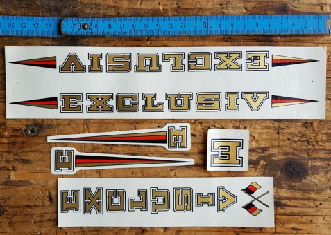 Aufklebersatz  "EXCLUSIV", Folienaufkleber passend für 70-80er Jahre Fahrräder, orig. alte Neuware. 