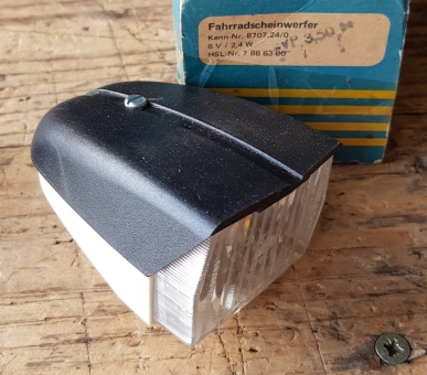 Scheinwerfer "FER", Kunststoff schwarz-weiß, B=70mm, L=90mm, ohne Halter, orig. Altbestand 