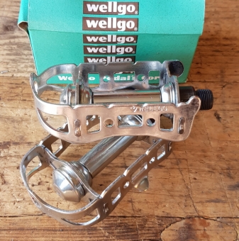 Pedale "WELLGO", Stahl, verchromt,  für Straßenrenner, orig. 70/80er Jahre NOS/NIB 