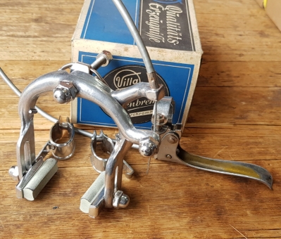 Bremszange / Felgenbremse vorne "VILLA", Aluminium u. Stahl verchromt, orig. 30/40er Jahre, Komplettsatz gem. Bildern 