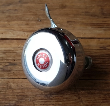 Glocke "SOLEX", verchromt,  rundes Motiv, Neuauflage mit Metalldrücker passend für VELOSOLEX 