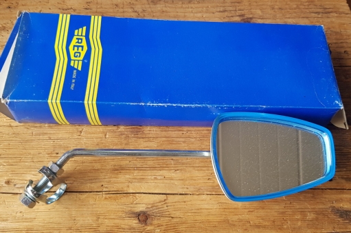 Plastikspiegel,  orig. 60-70er Jahre, blau m. Metallstange, größere Ausf. , typisch für Mofa, Mopeds, Bonanza u.a. 