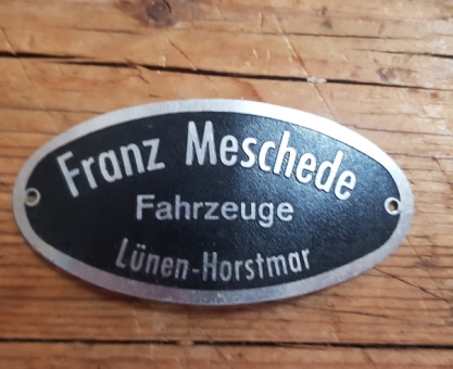 Händler Schutzblech Schild "Franz Meschede", original aus Händlernachlaß für Motorfahrrad u. Motorrad, alte Neuware 