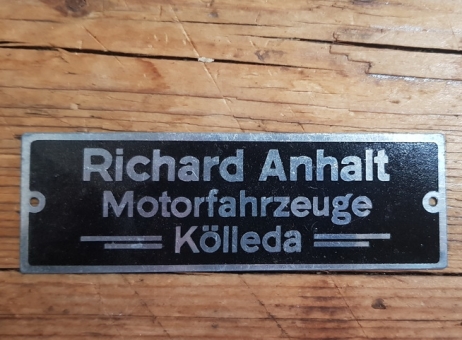 Händler Schutzblech Schild "Richard Anhalt", original aus Händlernachlaß für Motorfahrrad u. Motorrad, alte Neuware 