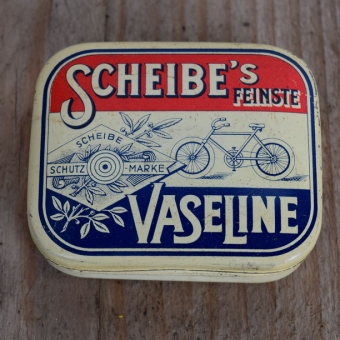 Blechdose "SCHEIBE'S VASELINE" orig. 30 er Jahre, 60 x 48 x 20 mm, mit viel Restinhalt 