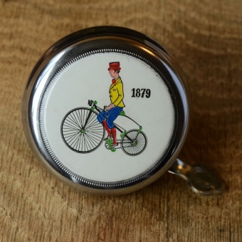 Fahrrad/Moped Klingel Deckel "NOSTALGISCHES FAHRRADMOTIV 1879", orig. 70er Jahre, verchromt, ohne Unterteil,  siehe Bilder 
