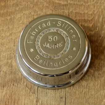 Fahrrad/Moped Klingel Deckel "FAHRRAD SILNER HÄNDLERGLOCKE", orig. 60er Jahre, verchromt, ohne Unterteil, siehe Bilder 