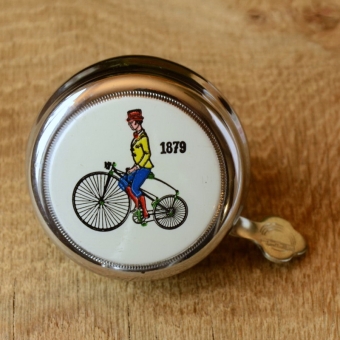 Fahrrad/Moped Klingel Deckel "NOSTALGISCHES FAHRRADMOTIV 1879", orig. 70er Jahre, verchromt, ohne Unterteil 
