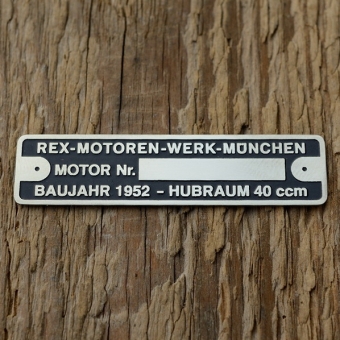 Typenschild für REX 40  ccm Fahrradmotor, originalgetreue Nachfertigung, blanco 