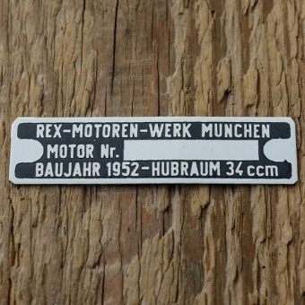 Typenschild für REX 34  ccm Fahrradmotor, originalgetreue Nachfertigung, blanco 