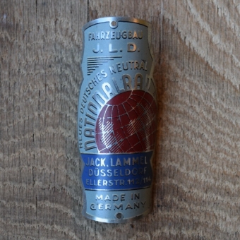 Steuerkopfschild Nationalrad Jack Lammel Düsseldorf, 30er Jahre, Originalschild aus Sammlungsbestand 