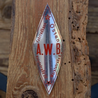 Steuerkopfschild  A.W.B. Fahrradhaus Osten, 30-50er Jahre, Originalschild aus Sammlungsbestand 