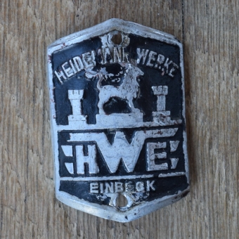 Steuerkopfschild HWE HEIDEMANN-WERKE EINBECK, 50er Jahre, Originalschild aus Sammlungsbestand 