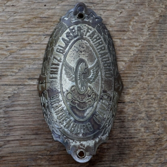 Steuerkopfschild FRITZ GLASER FAHRRADBAU, 20er Jahre, Originalschild aus Sammlungsbestand 