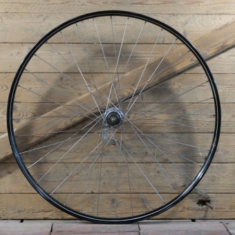 Hinterrad, 28 Zoll (622), 50er/60er J., Felge schwarz, Linien blau/weiß, Nabe F&S Torpedo, gebr. 