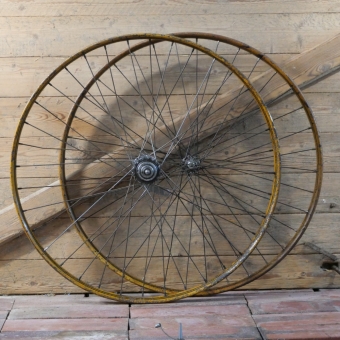 Laufradsatz, 26 Zoll, Außendurchmesser ca. 581 mm, 1939, für Wulstbereifung, Holzdekor, Linien schwarz, Naben F&S verchromt, gebr. 