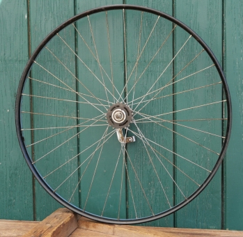 Laufradsatz 28 Zoll, Außendurchmeser ca. 645 mm, für Wulstbereifung, Bj. 1934, schwarz, Linien blau/weiß, Torpedo Nabe, gebr. 