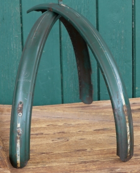 Schutzbleche Satz DÜRKOPP, 28 Zoll, Damenausführung, 50er J., grün, Linien weiß/gold, gebr. 