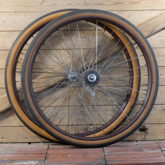 Laufradsatz 26 Zoll (559), für Drahtbereifung, 50er Jahre,  NSU Freilauf-Bremsnabe verchromt, gebr. 