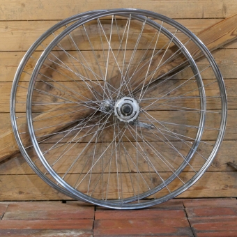 Laufradsatz 26 Zoll (559), für Drahtbereifung, 30er J., Nabe hinten 80er J., Naben: UNION verchromt / SACHS Torpedo  3-Gang S, gebr. 